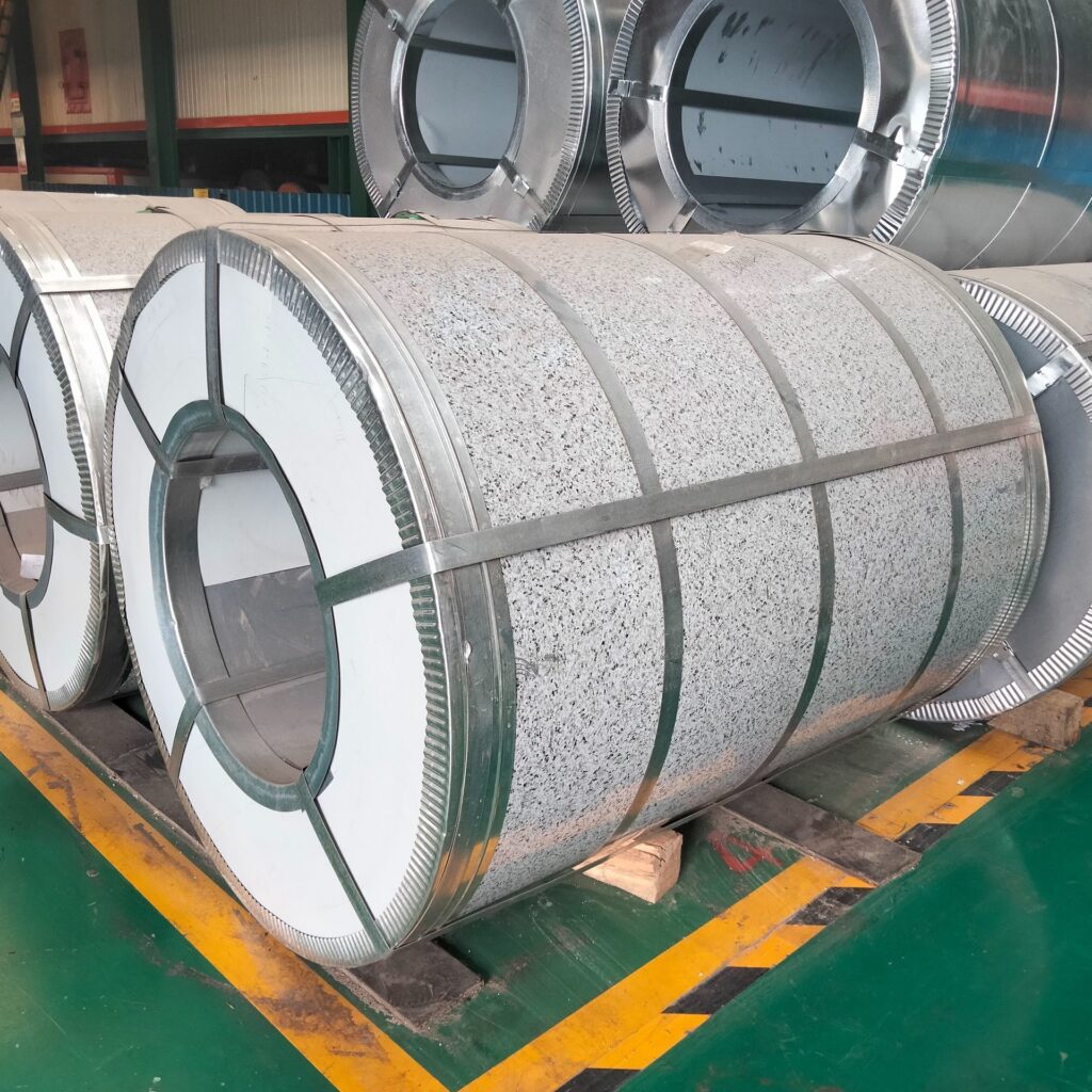 Galvanized steel coils with visible zinc spangle crystals
