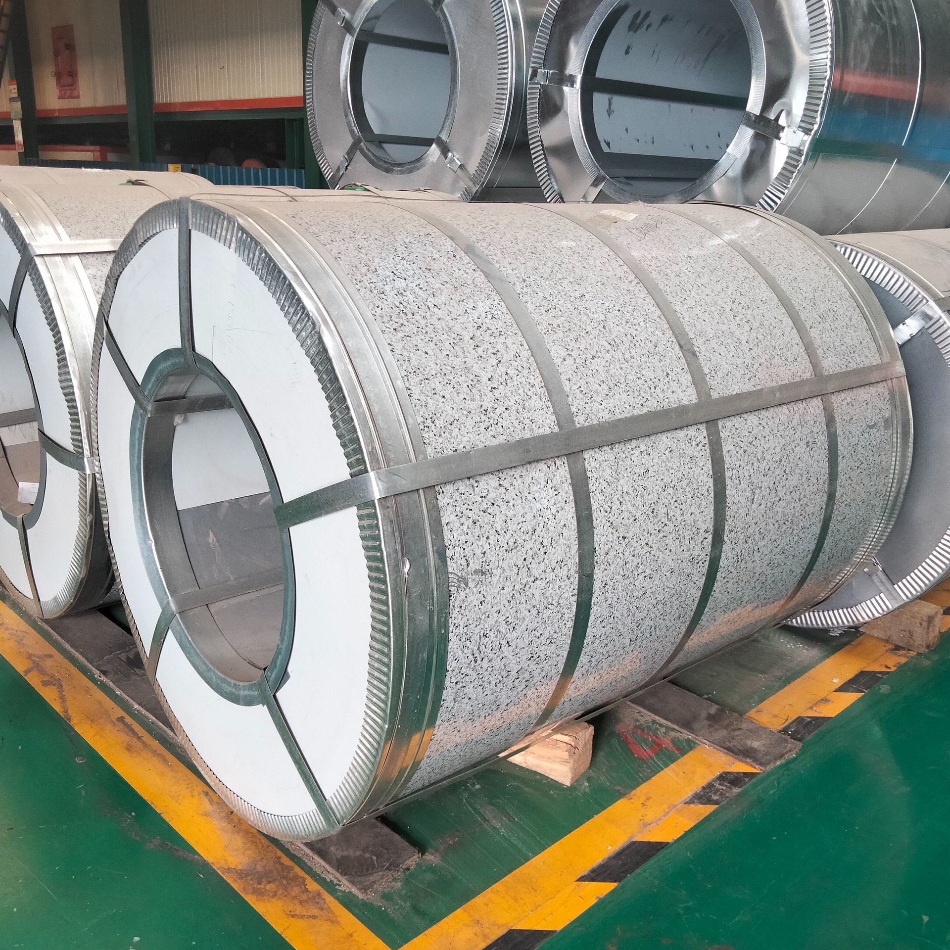 Galvanized steel coils with visible zinc spangle crystals