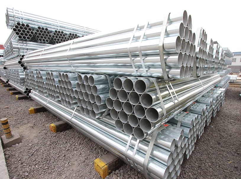 Hot-dip galvanized steel pipes bundled in storage yard