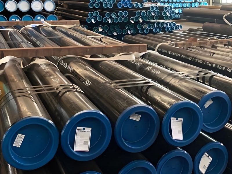 API 5L line pipe with blue end protectors in stockyard
