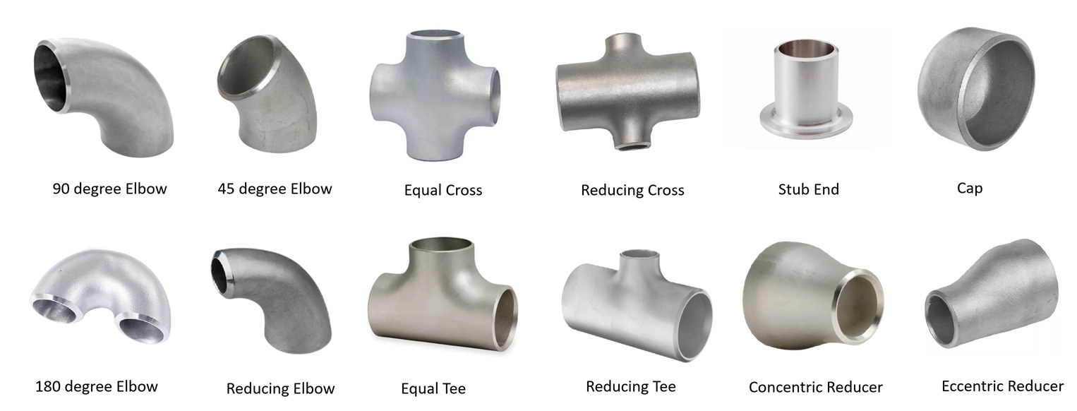 Butt weld pipe fitting types: elbows, tees, crosses, reducers, caps