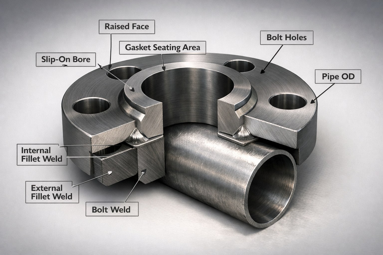 Cutaway of a raised face weld neck flange showing sealing surfaces and bolt holes