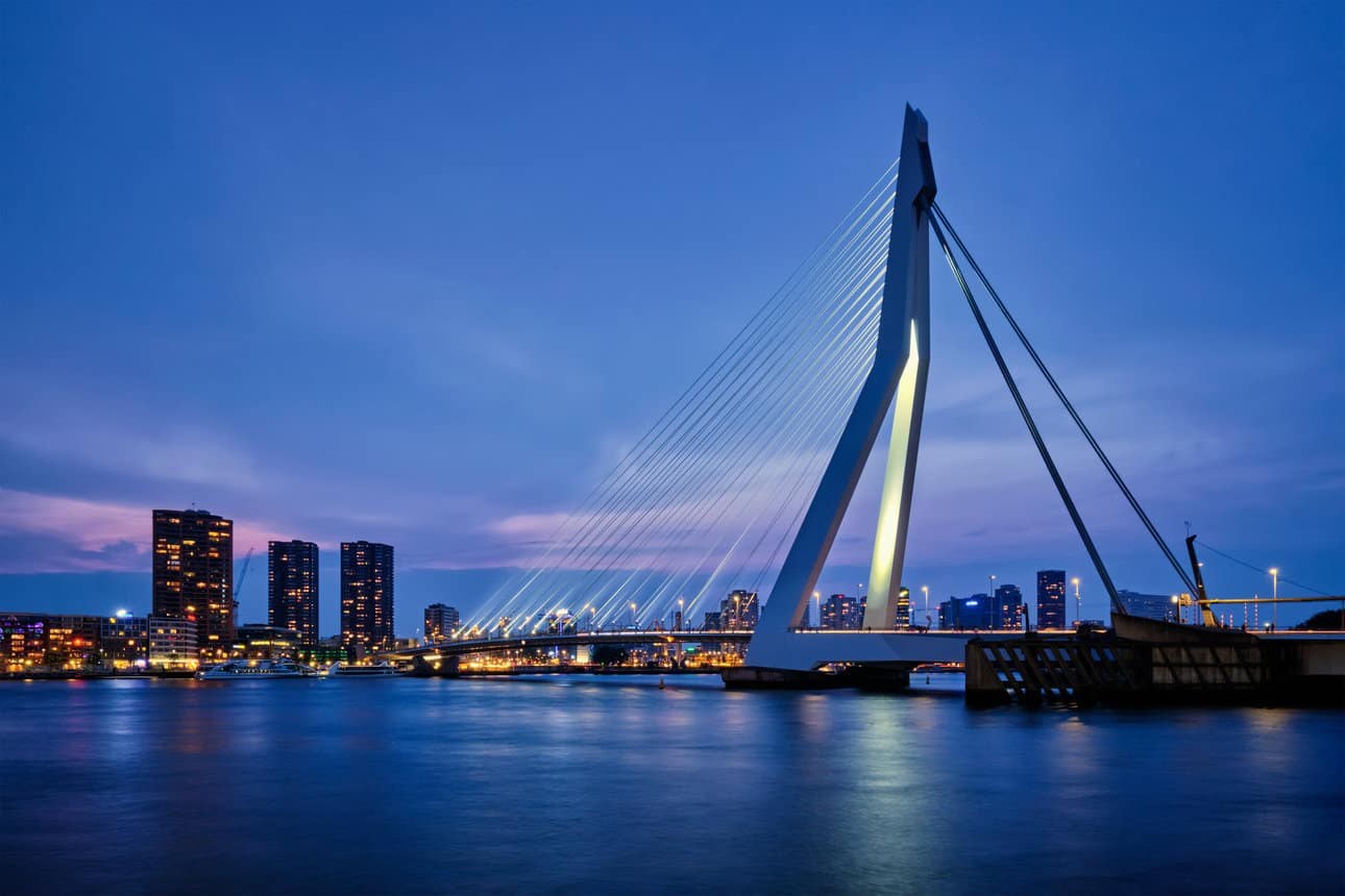 Port of Rotterdam, Erasmus Bridge at dusk